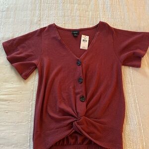 Daytrip Maroon Ribbed Button-Up Top